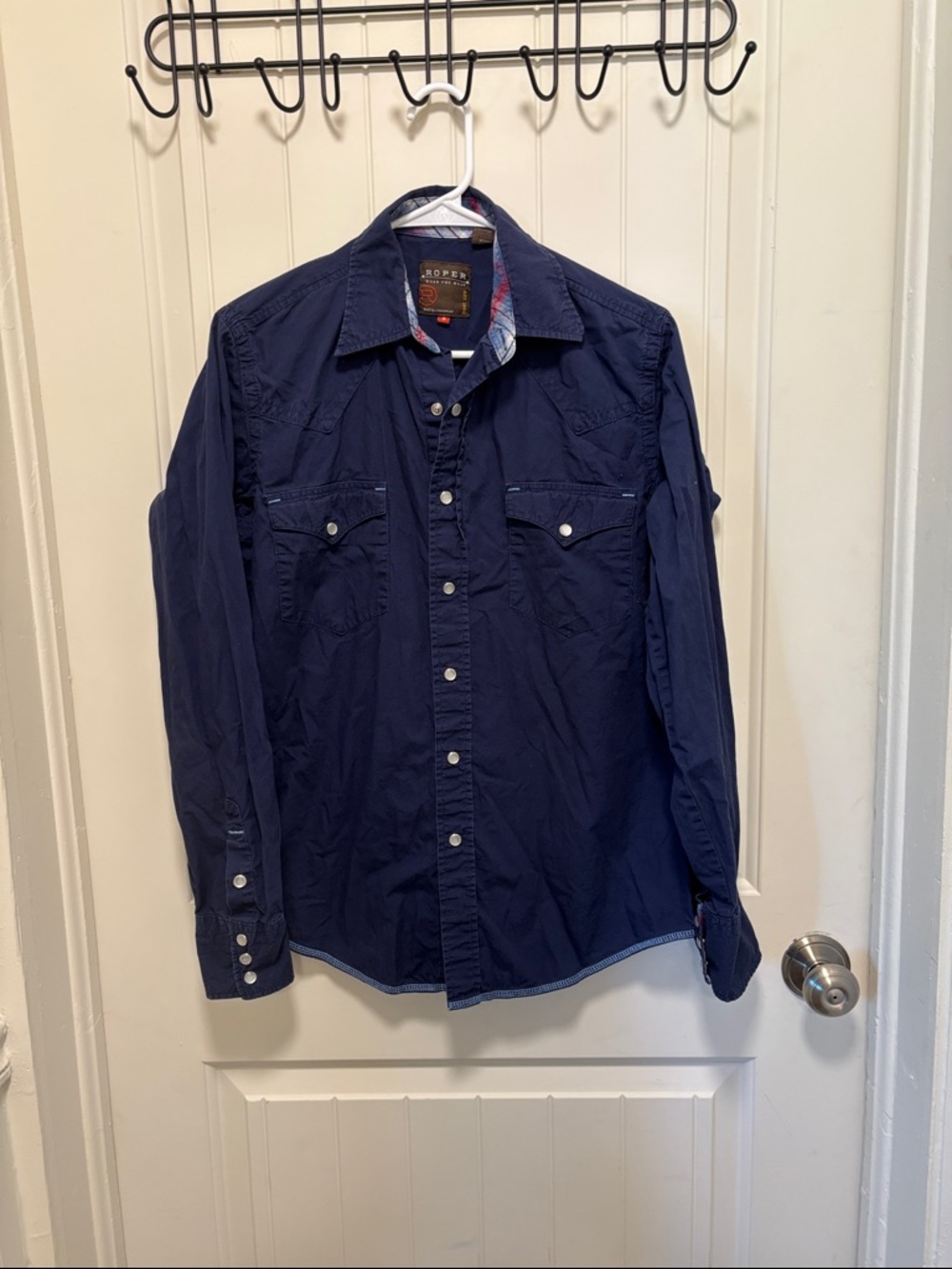 Roper Navy Western Snap Shirt with Plaid Trim